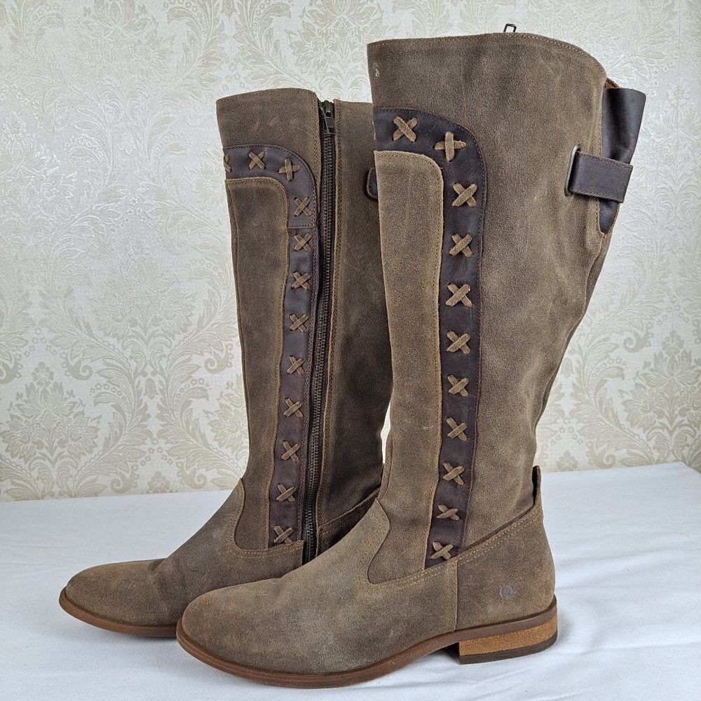 Born Avola Two Tone Brown Knee High Boots Size 9M Full Zip Criss Cross Detail